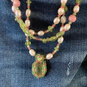 Triple strand Necklace. Watermelon Citrine. Pearl.
